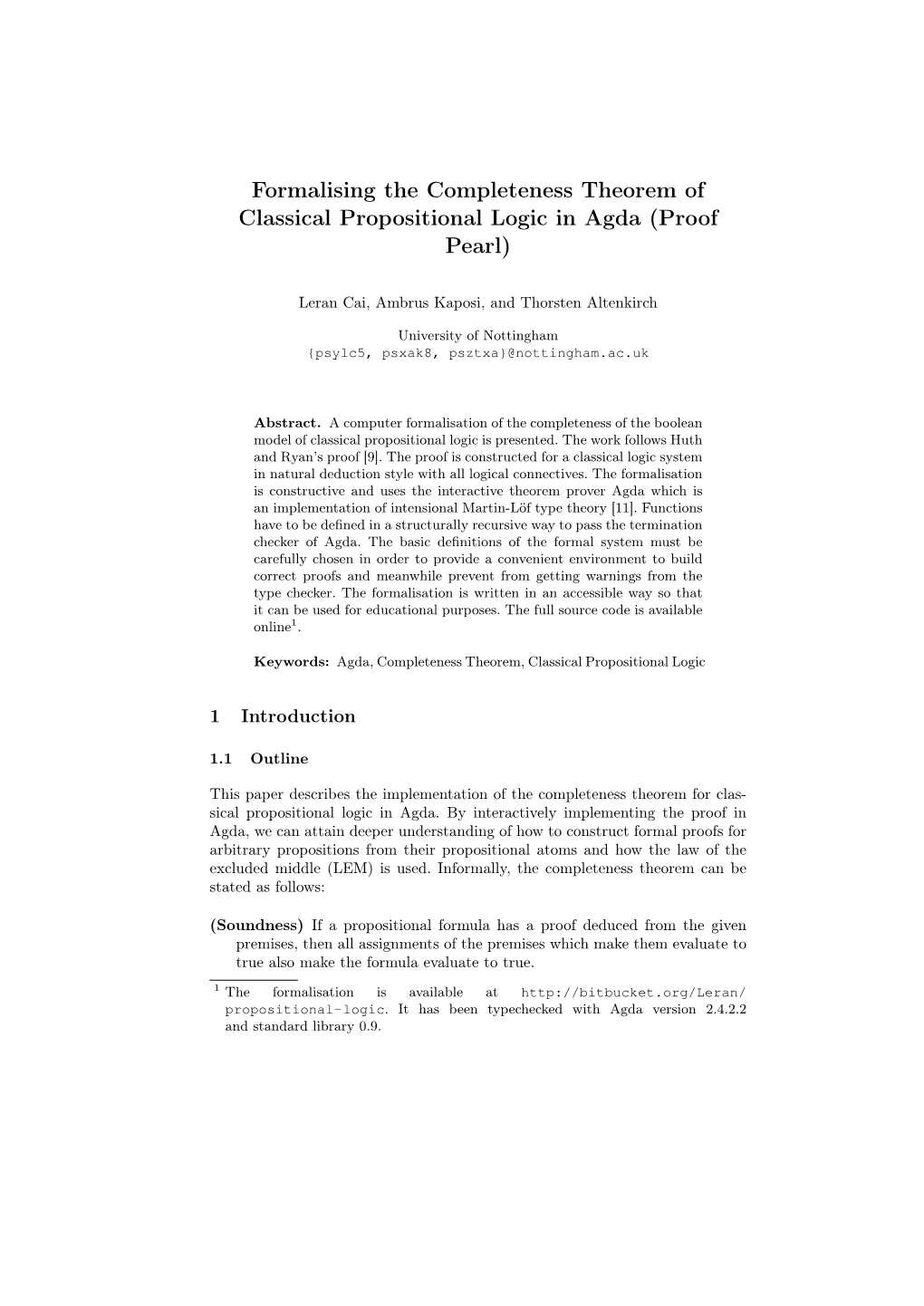 Formalising the Completeness Theorem of Classical Propositional Logic in Agda (Proof Pearl)