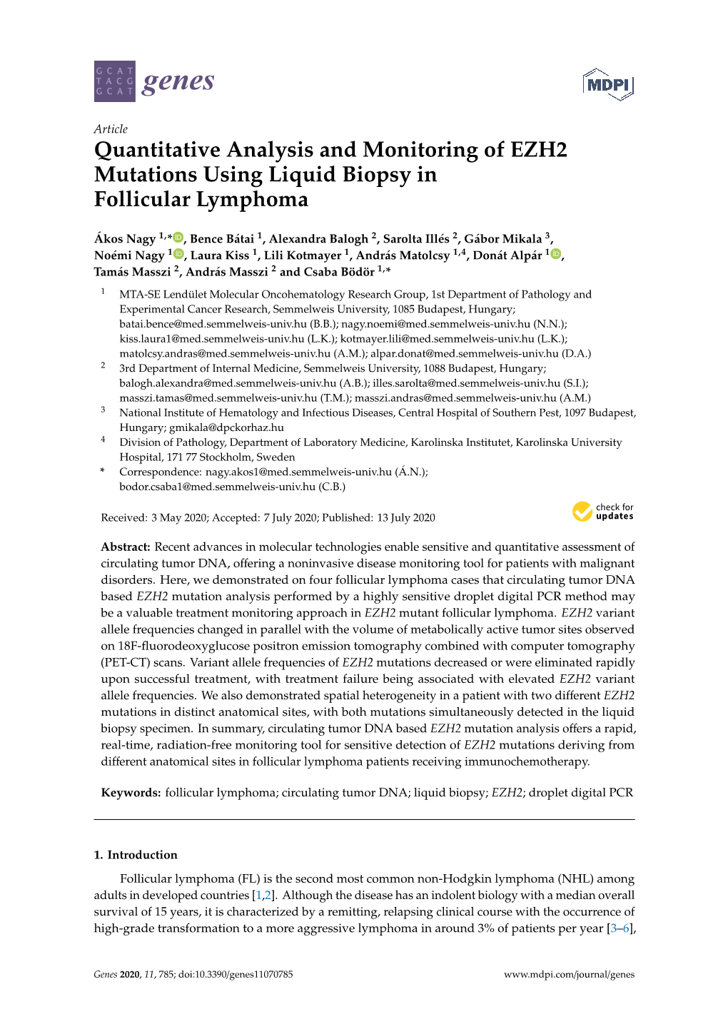 Quantitative Analysis and Monitoring of EZH2 Mutations Using Liquid Biopsy in Follicular Lymphoma
