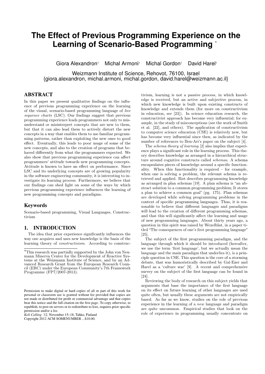 The Effect of Previous Programming Experience on the Learning of Scenario-Based Programming ∗