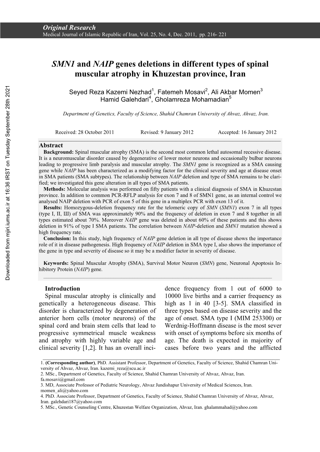 SMN1 and NAIP Genes Deletions in Different Types of Spinal Muscular Atrophy in Khuzestan Province, Iran