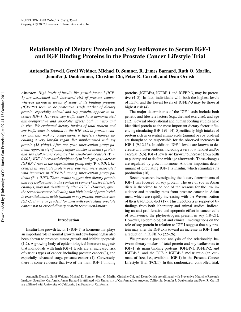 Relationship of Dietary Protein and Soy Isoflavones to Serum IGF-1 And