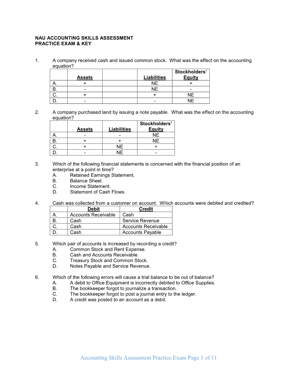 Accounting Skills Assessment Practice Exam Page 1 of 11