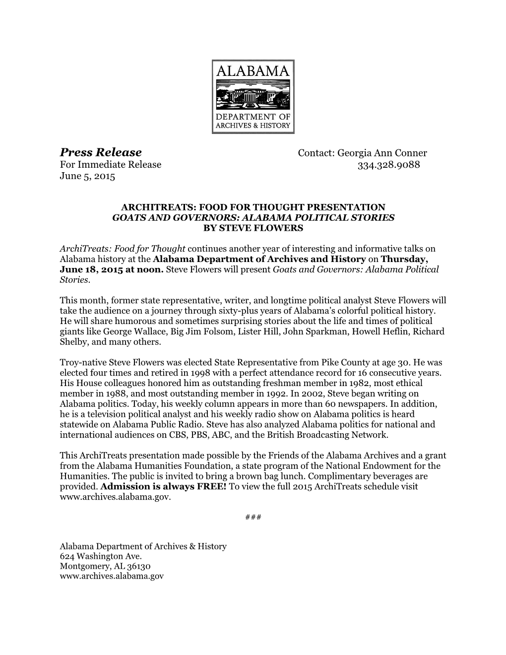 Press Release Contact: Georgia Ann Conner for Immediate Release 334.328.9088 June 5, 2015