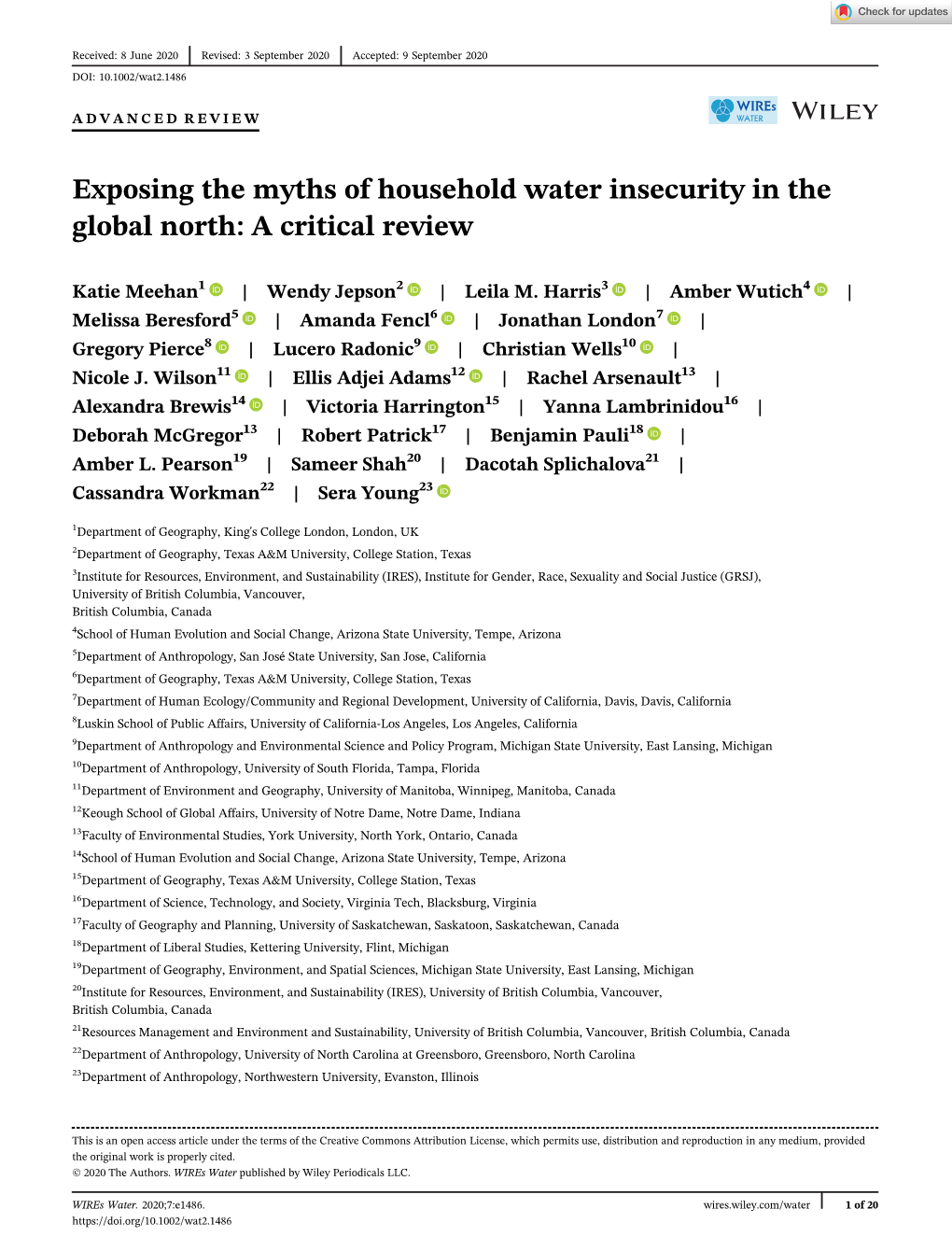 Exposing the Myths of Household Water Insecurity in the Global North: a Critical Review