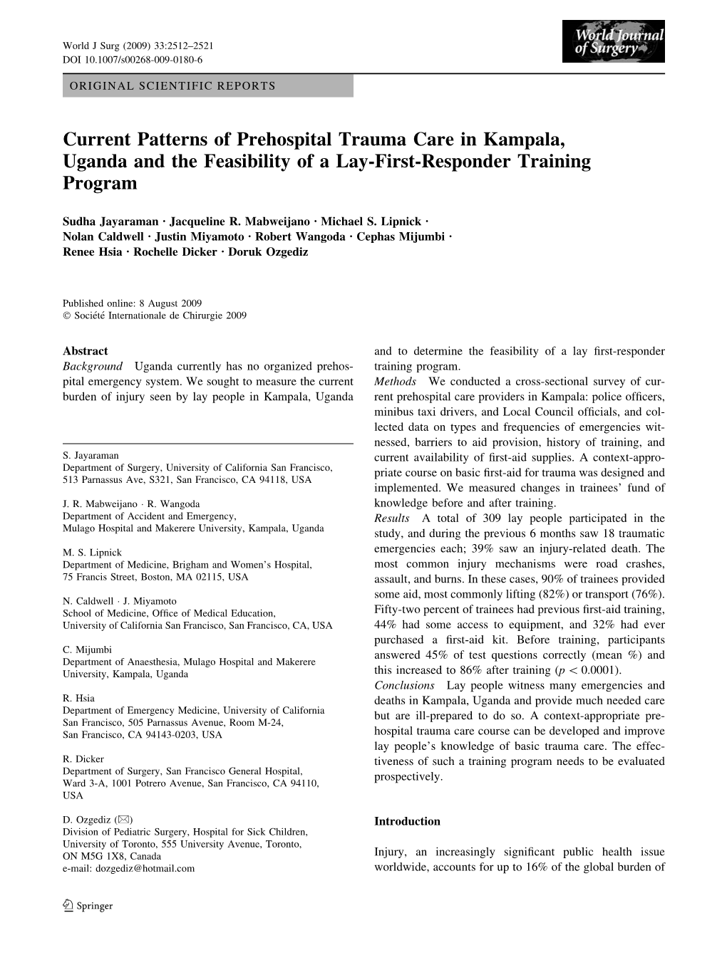 Current Patterns of Prehospital Trauma Care in Kampala, Uganda and the Feasibility of a Lay-First-Responder Training Program