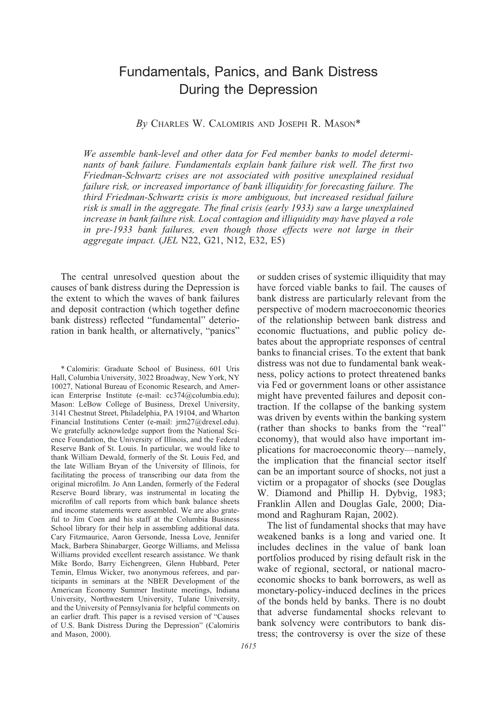 Fundamentals, Panics, and Bank Distress During the Depression