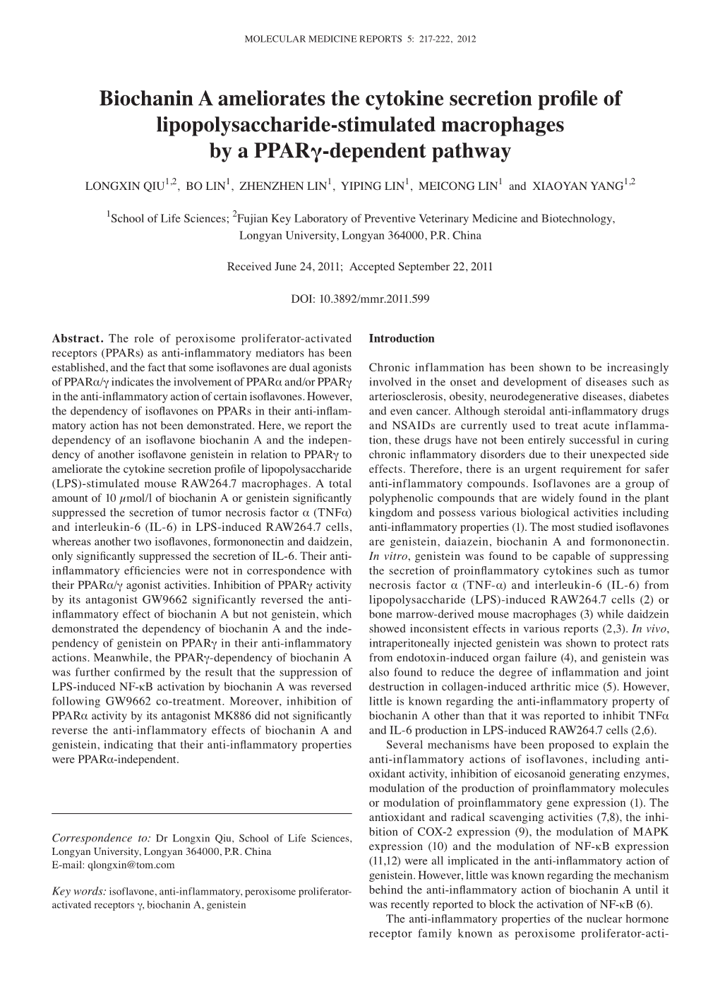 Biochanin a Ameliorates the Cytokine Secretion Profile of Lipopolysaccharide-Stimulated Macrophages by a Pparγ-Dependent Pathway