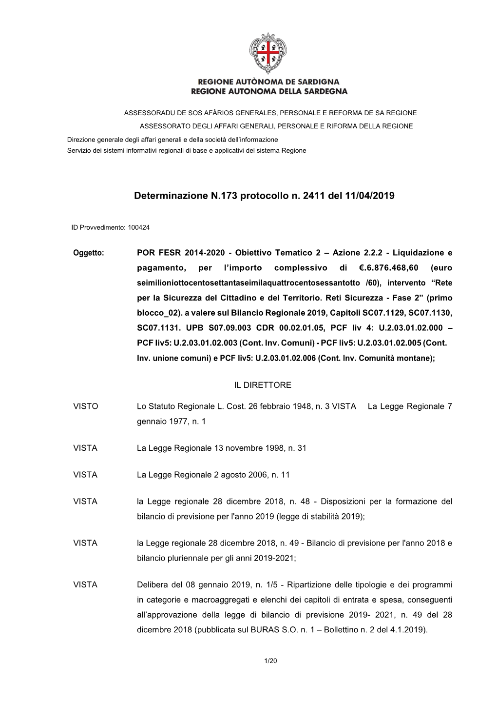 Determinazione N.173 Protocollo N. 2411 Del 11/04/2019