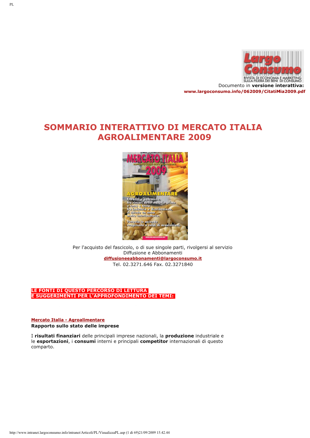 Sommario Interattivo Di Mercato Italia Agroalimentare 2009