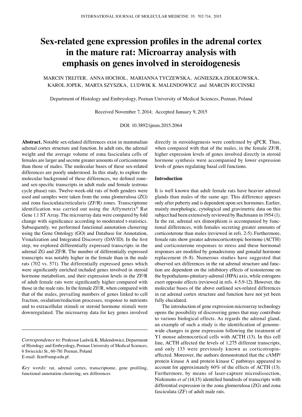 Sex-Related Gene Expression Profiles in the Adrenal Cortex in the Mature Rat: Microarray Analysis with Emphasis on Genes Involved in Steroidogenesis