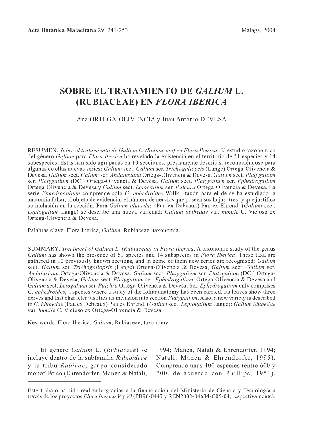 Sobre El Tratamiento De Galium L. (Rubiaceae) En Flora Iberica