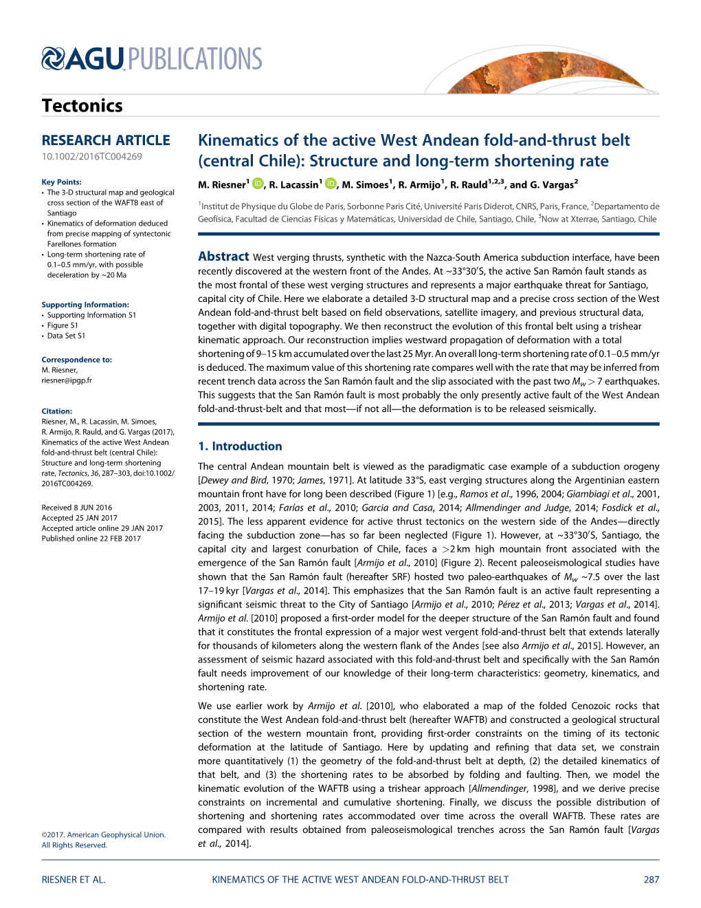 Kinematics of the Active West Andean Fold-And-Thrust Belt 10.1002/2016TC004269 (Central Chile): Structure and Long-Term Shortening Rate Key Points: M