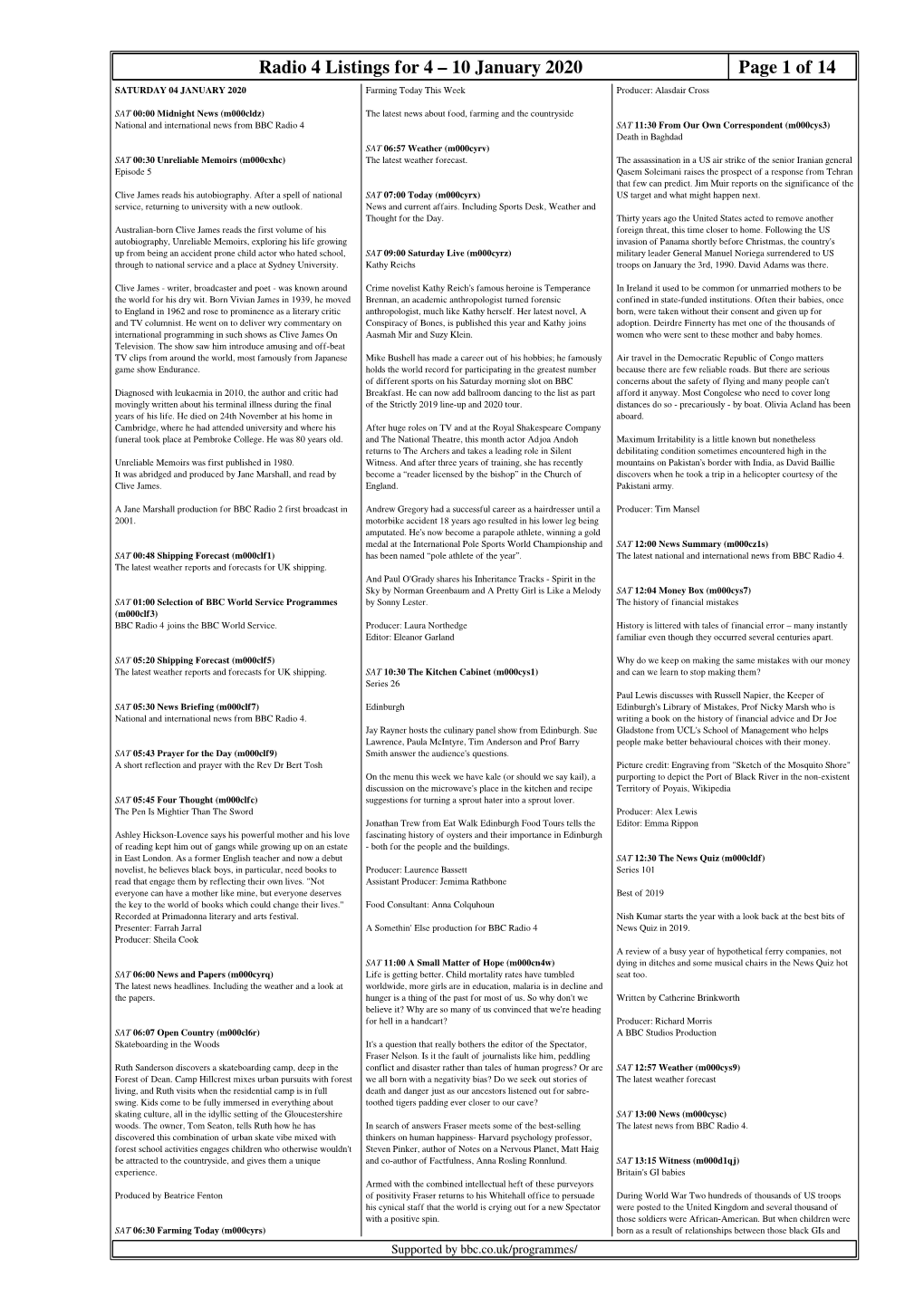 Radio 4 Listings for 4 – 10 January 2020 Page 1 of 14 SATURDAY 04 JANUARY 2020 Farming Today This Week Producer: Alasdair Cross