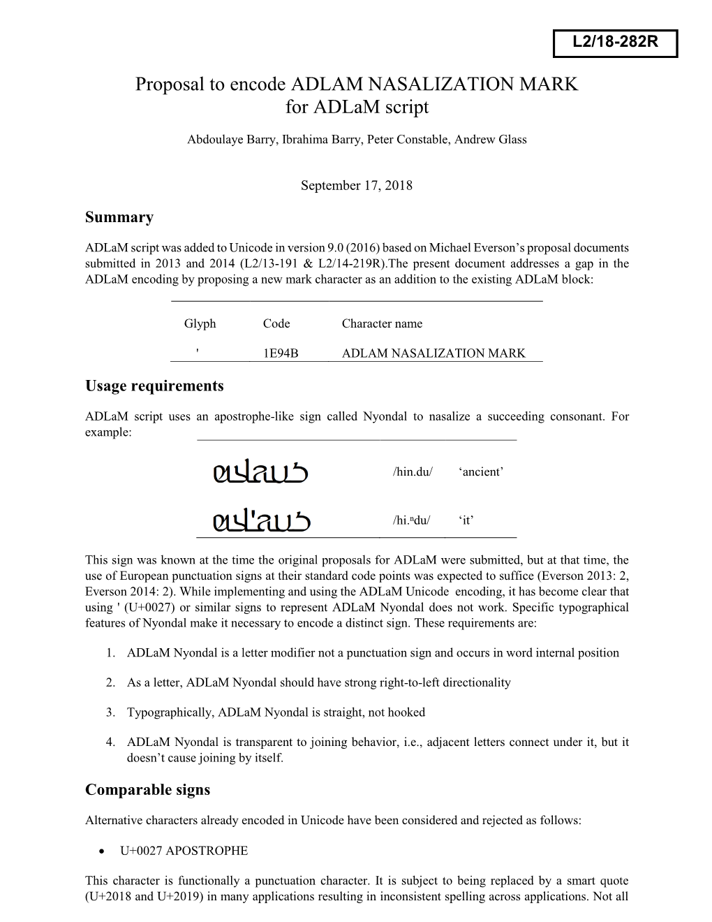 Proposal to Encode ADLAM NASALIZATION MARK for Adlam Script