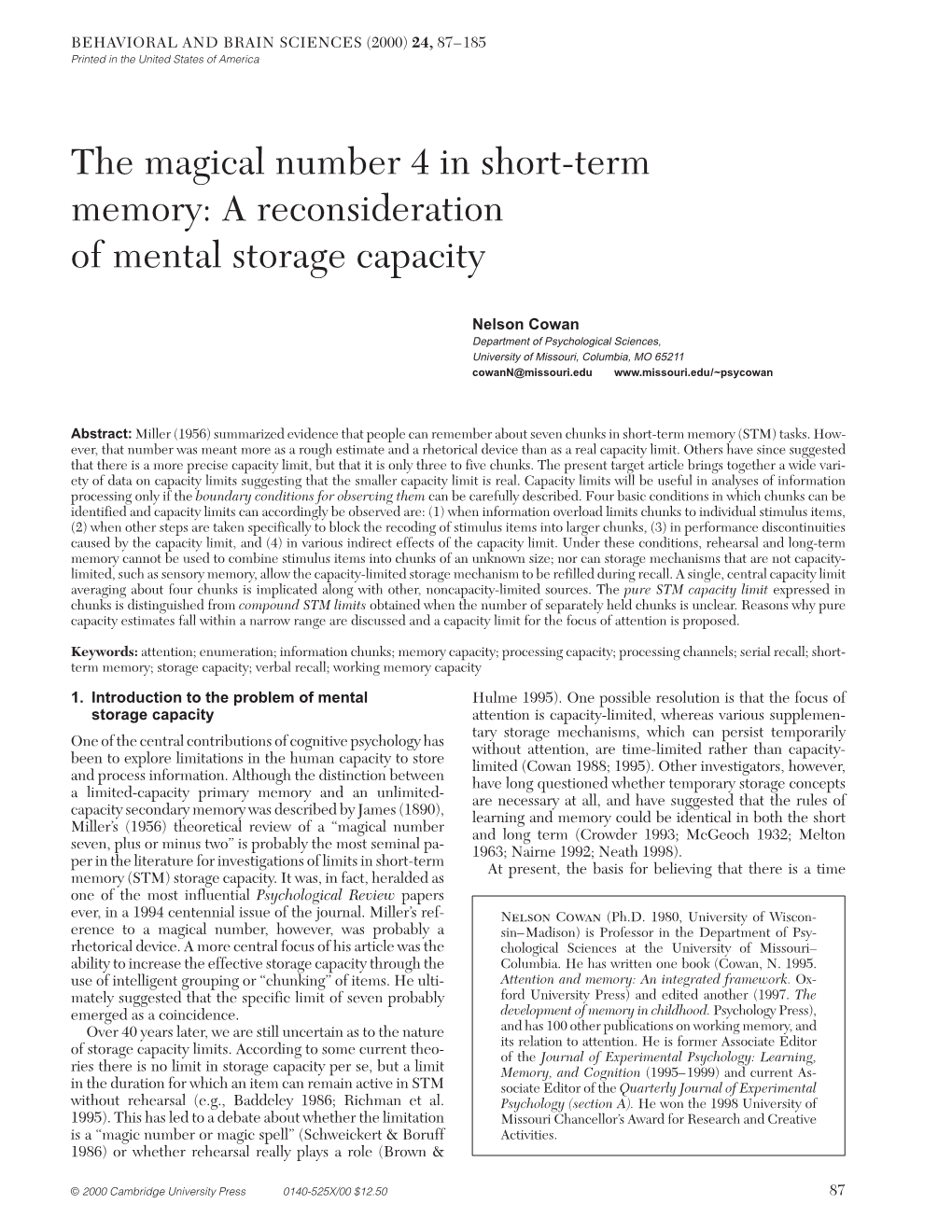 The Magical Number 4 in Short-Term Memory: a Reconsideration of Mental Storage Capacity