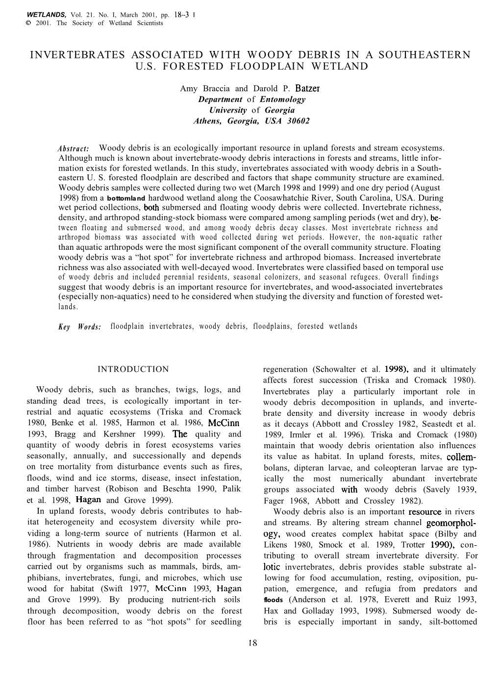 Invertebrates Associated with Woody Debris in a Southeastern U.S