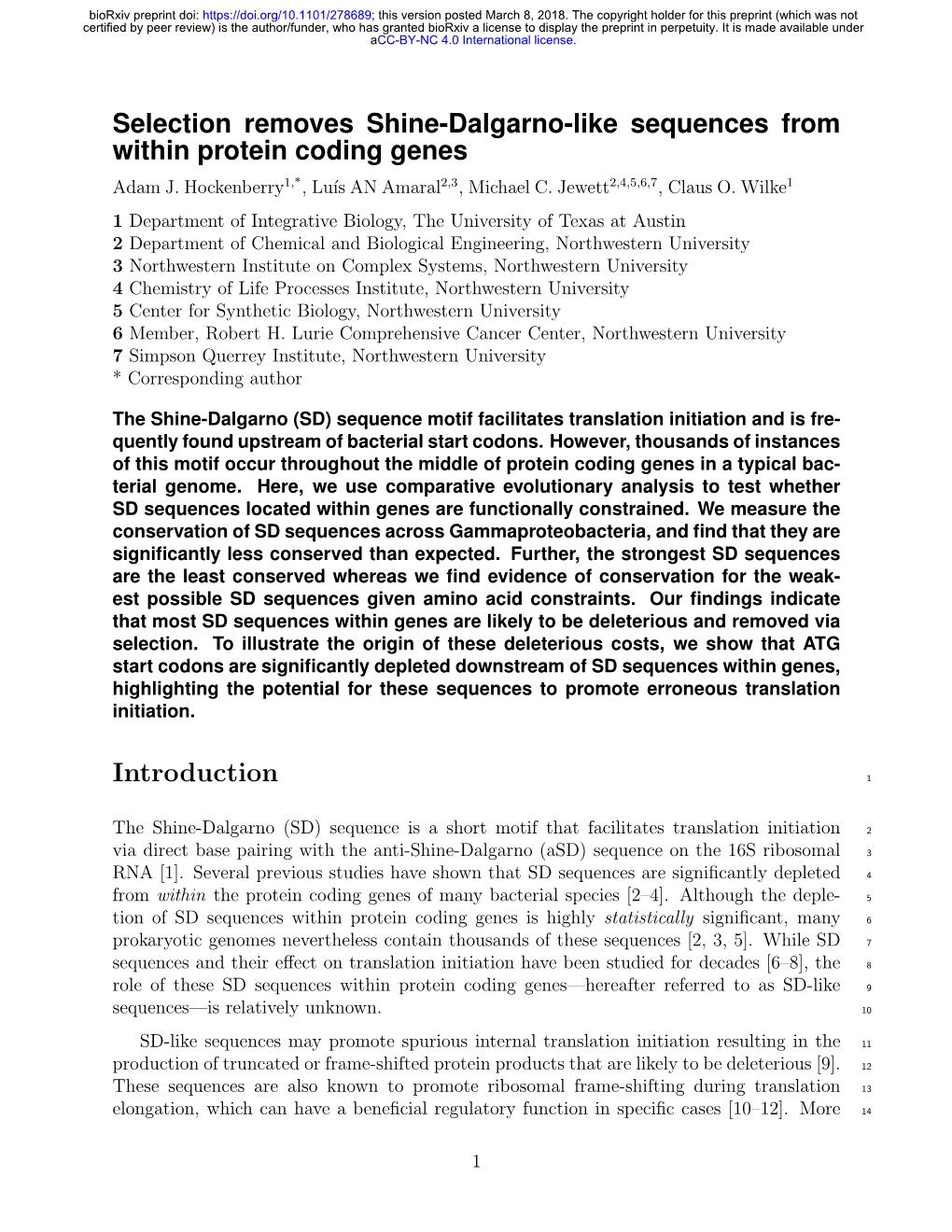 Selection Removes Shine-Dalgarno-Like Sequences from Within Protein Coding Genes Adam J