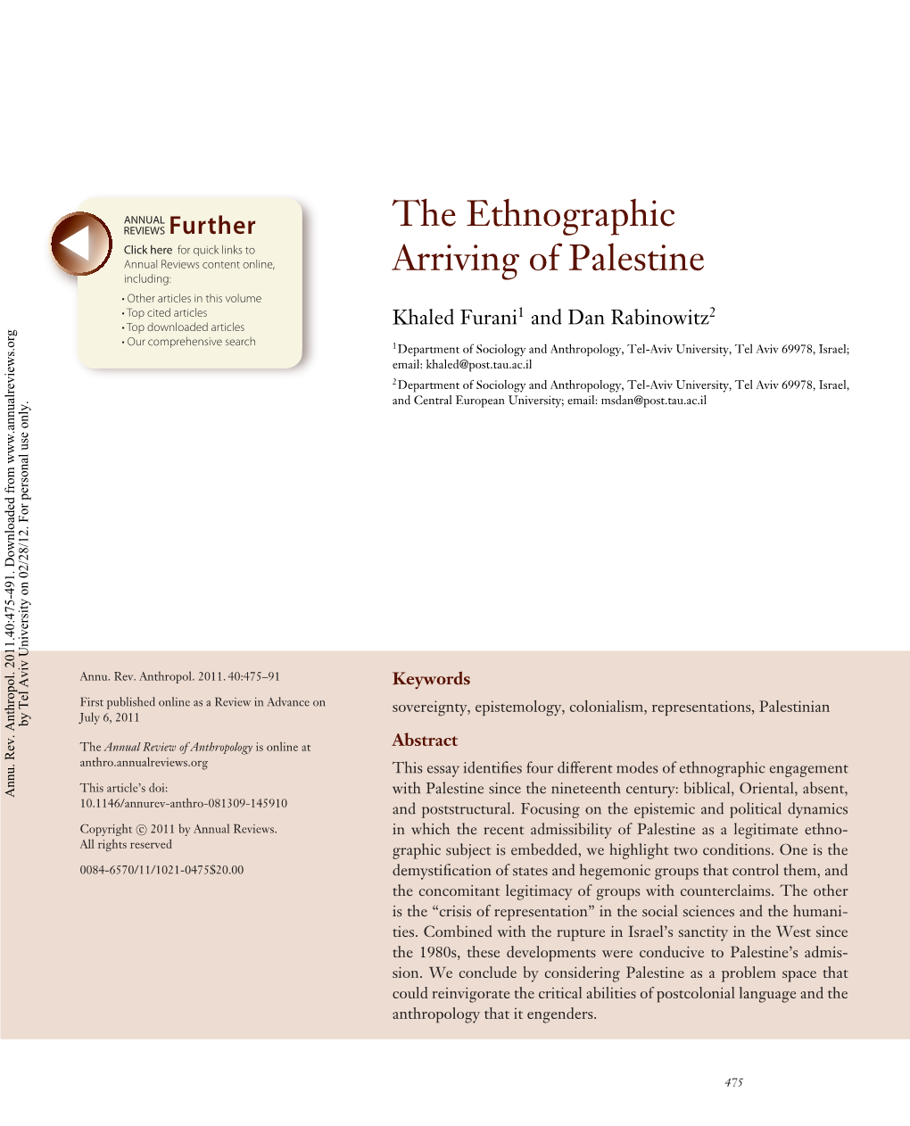 The Ethnographic Arriving of Palestine