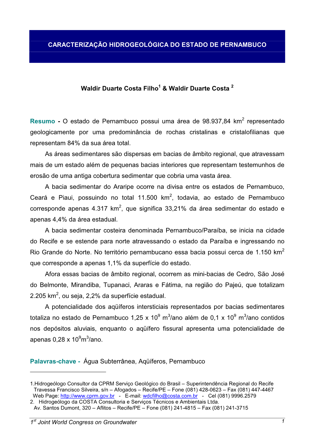 Caracterização Hidrogeológica Do Estado De Pernambuco