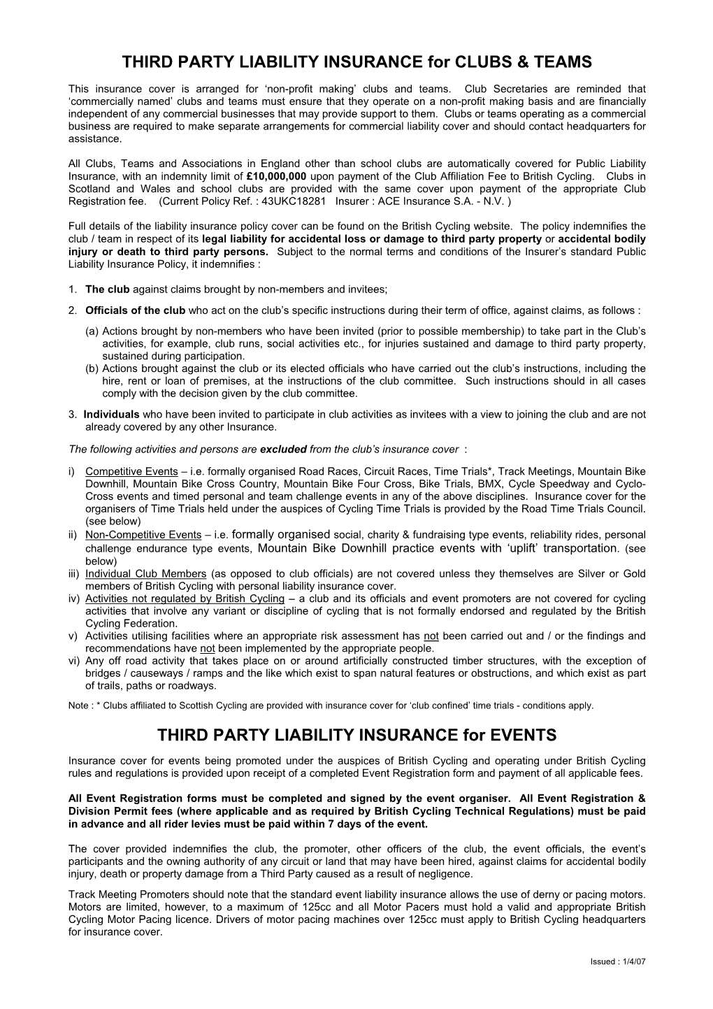 THIRD PARTY LIABILITY INSURANCE for CLUBS & TEAMS