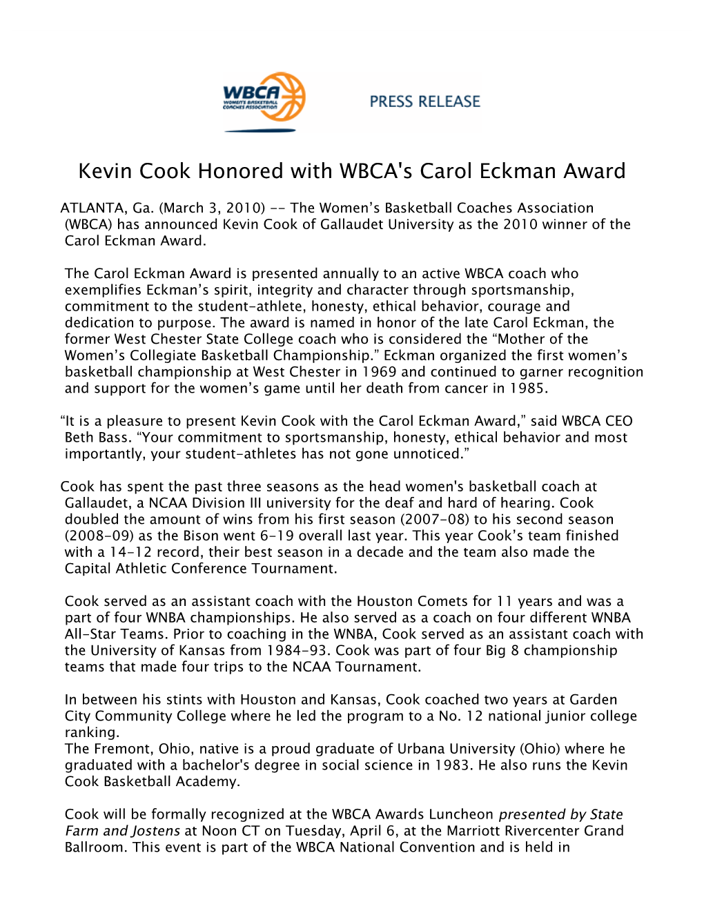 Kevin Cook Honored with WBCA's Carol Eckman Award 2009-10