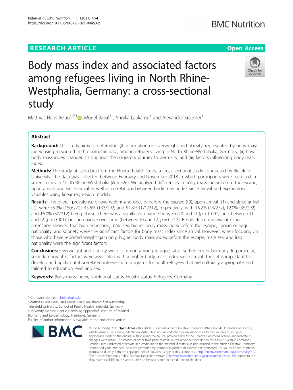 Body Mass Index and Associated Factors Among Refugees Living In