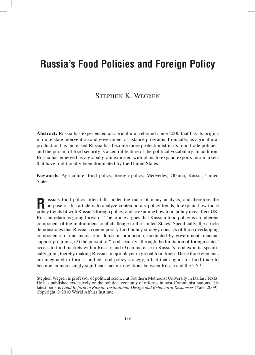 Russia's Food Policies and Foreign Policy