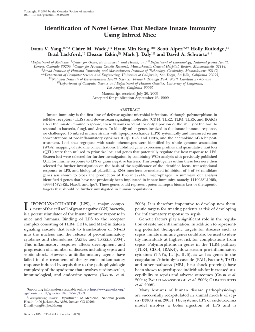 Identification of Novel Genes That Mediate Innate Immunity Using Inbred Mice