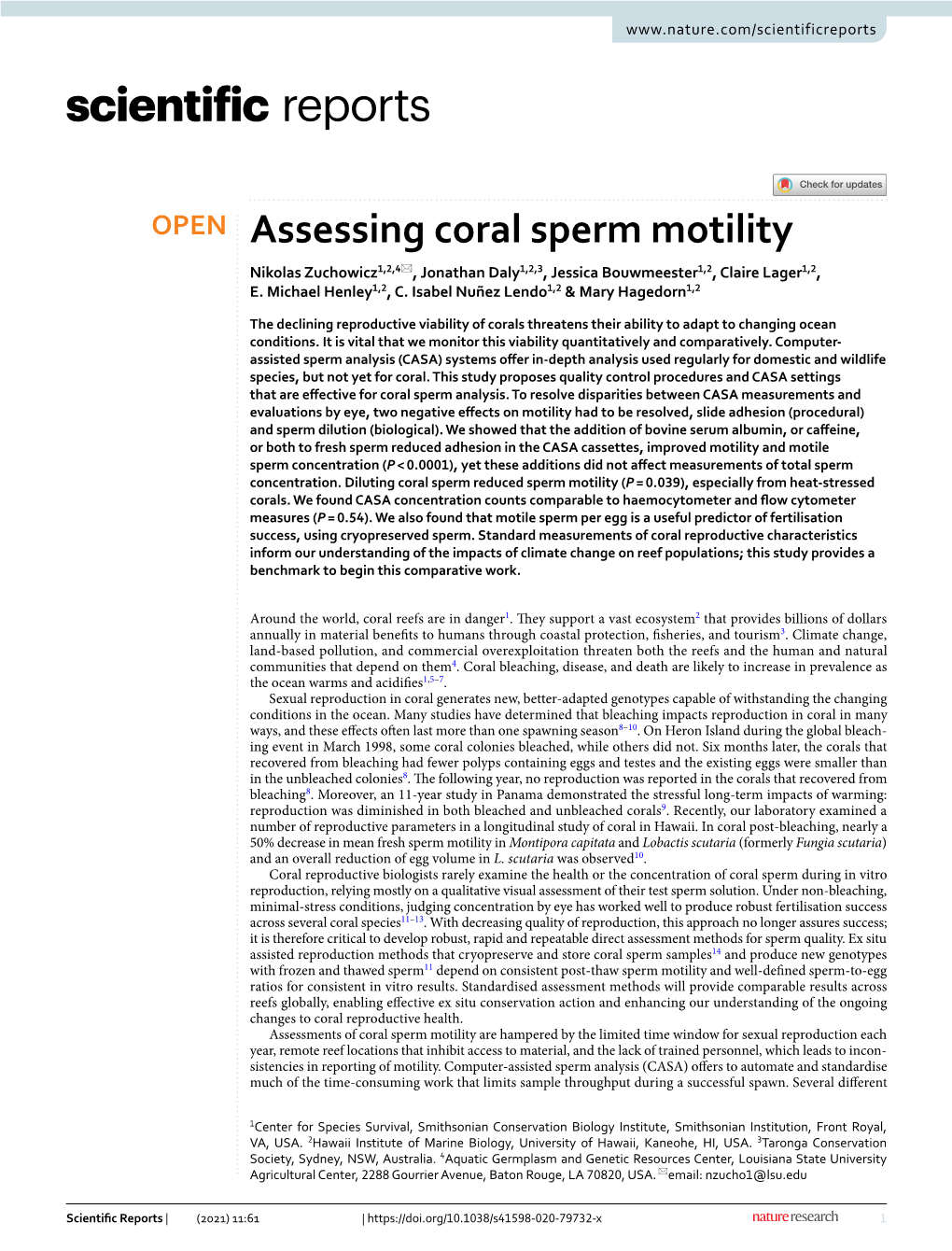 Assessing Coral Sperm Motility Nikolas Zuchowicz1,2,4*, Jonathan Daly1,2,3, Jessica Bouwmeester1,2, Claire Lager1,2, E