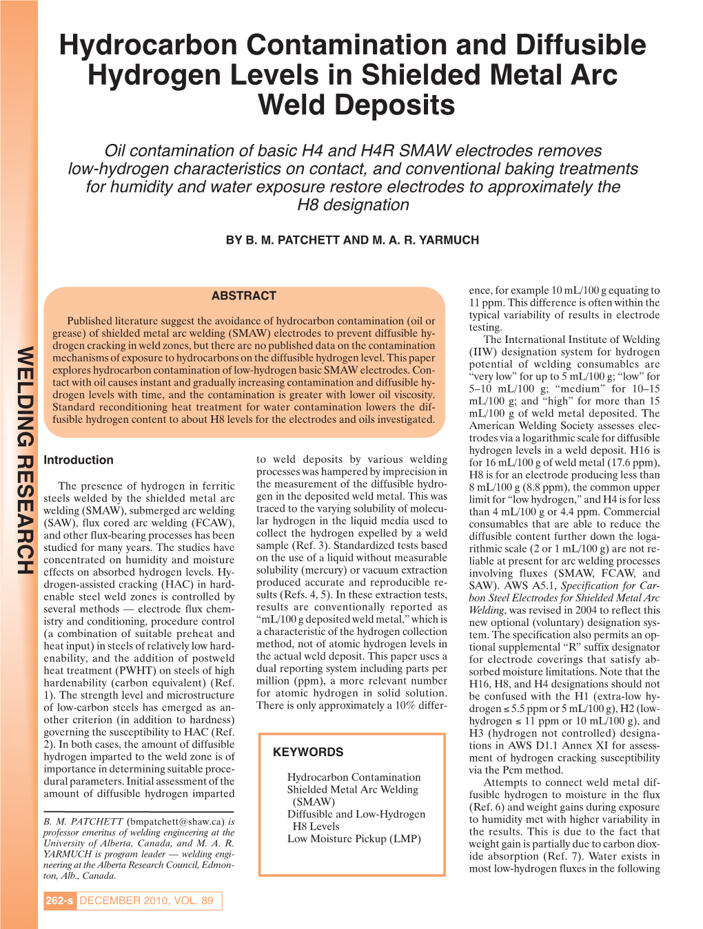 Hydrocarbon Contamination and Diffusible Hydrogen Levels in Shielded Metal Arc Weld Deposits