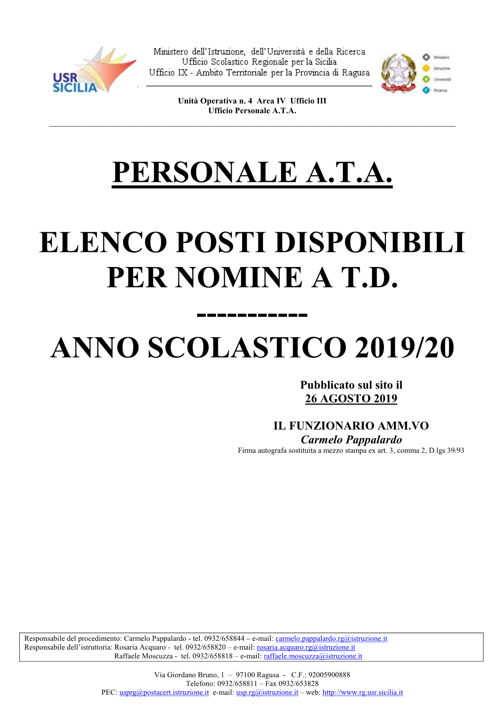 Personale A.T.A. Elenco Posti Disponibili Per Nomine a T.D