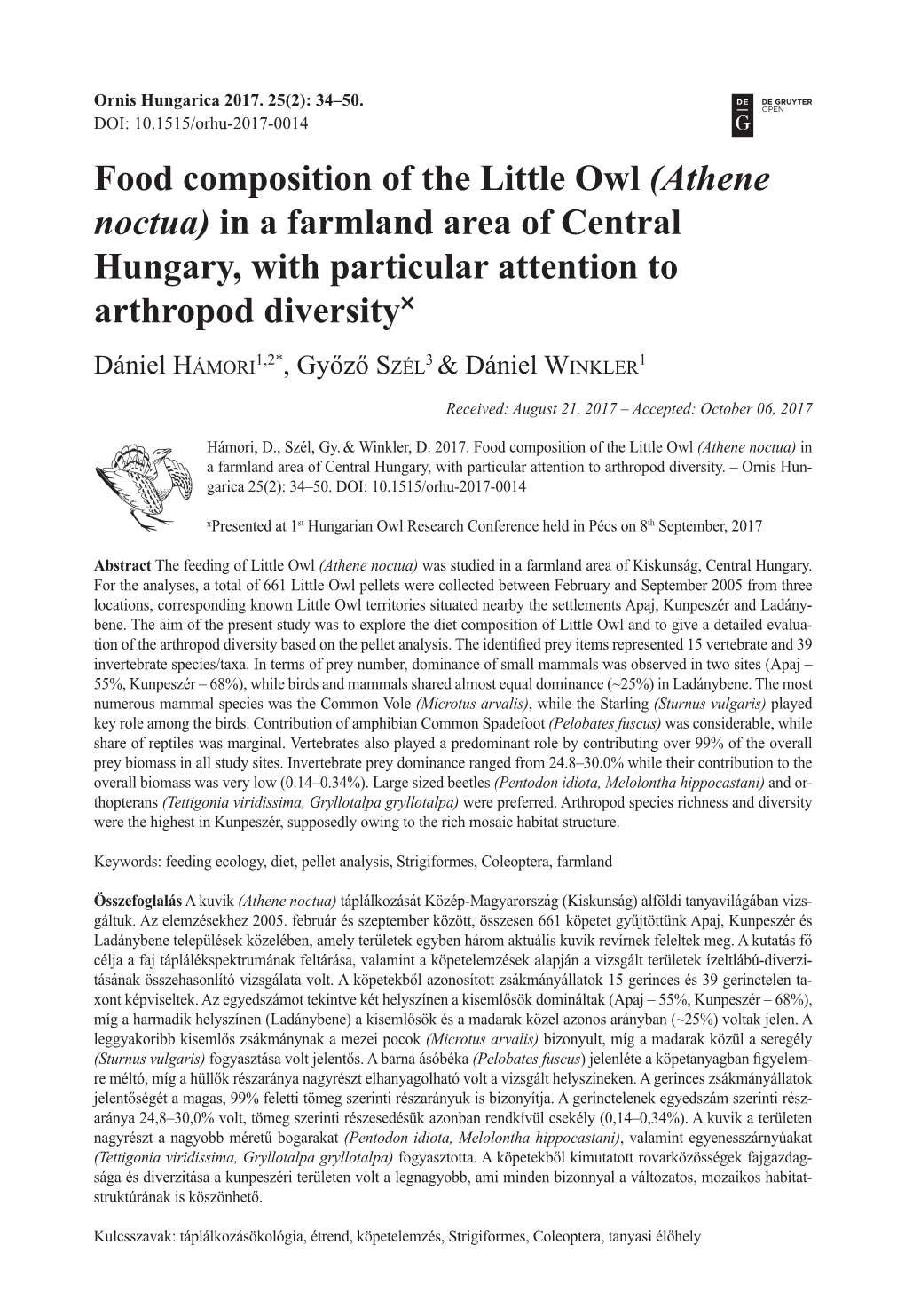 Food Composition of the Little Owl (Athene Noctua) in a Farmland Area of Central Hungary, with Particular Attention to Arthropod Diversity˟