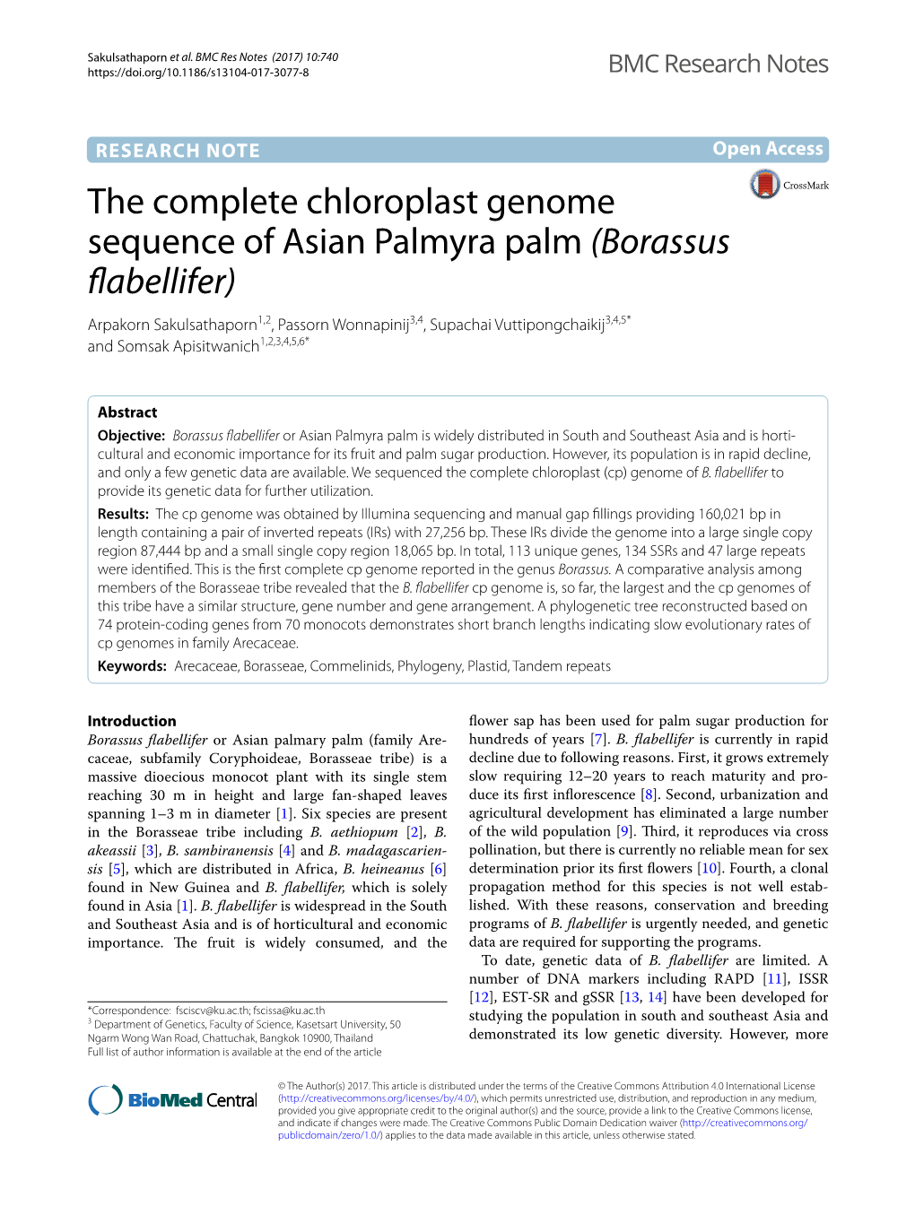 The Complete Chloroplast Genome Sequence of Asian Palmyra Palm