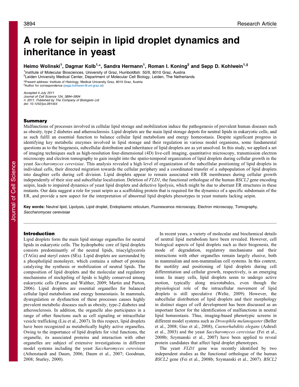 A Role for Seipin in Lipid Droplet Dynamics and Inheritance in Yeast