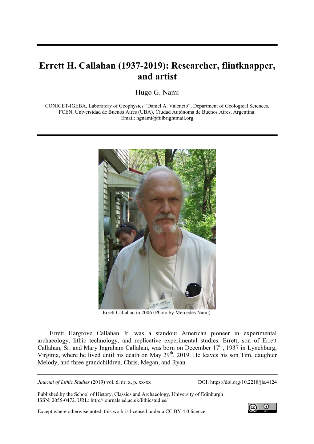 Errett H. Callahan (1937-2019): Researcher, Flintknapper, and Artist