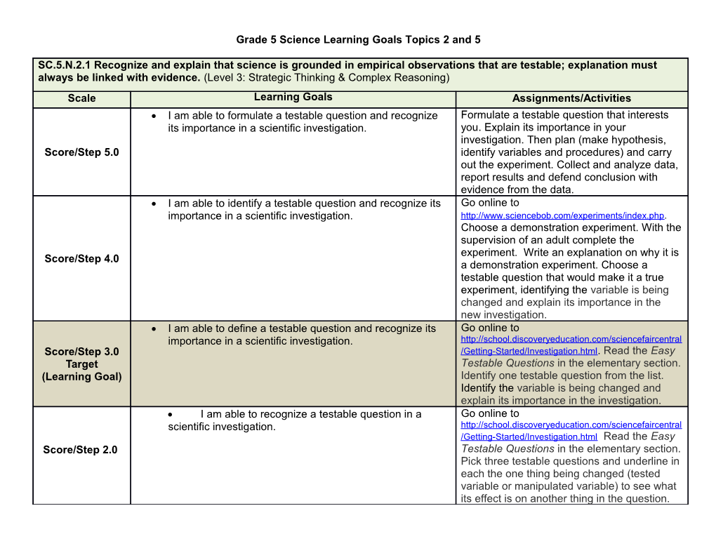 Grade 5 Science Learning Goals Topics 2 and 5