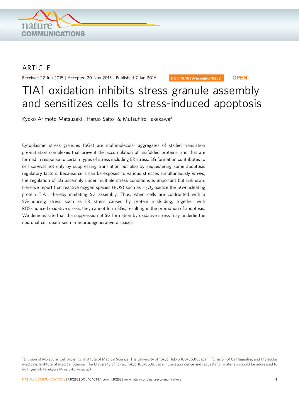 TIA1 Oxidation Inhibits Stress Granule Assembly and Sensitizes Cells to Stress-Induced Apoptosis