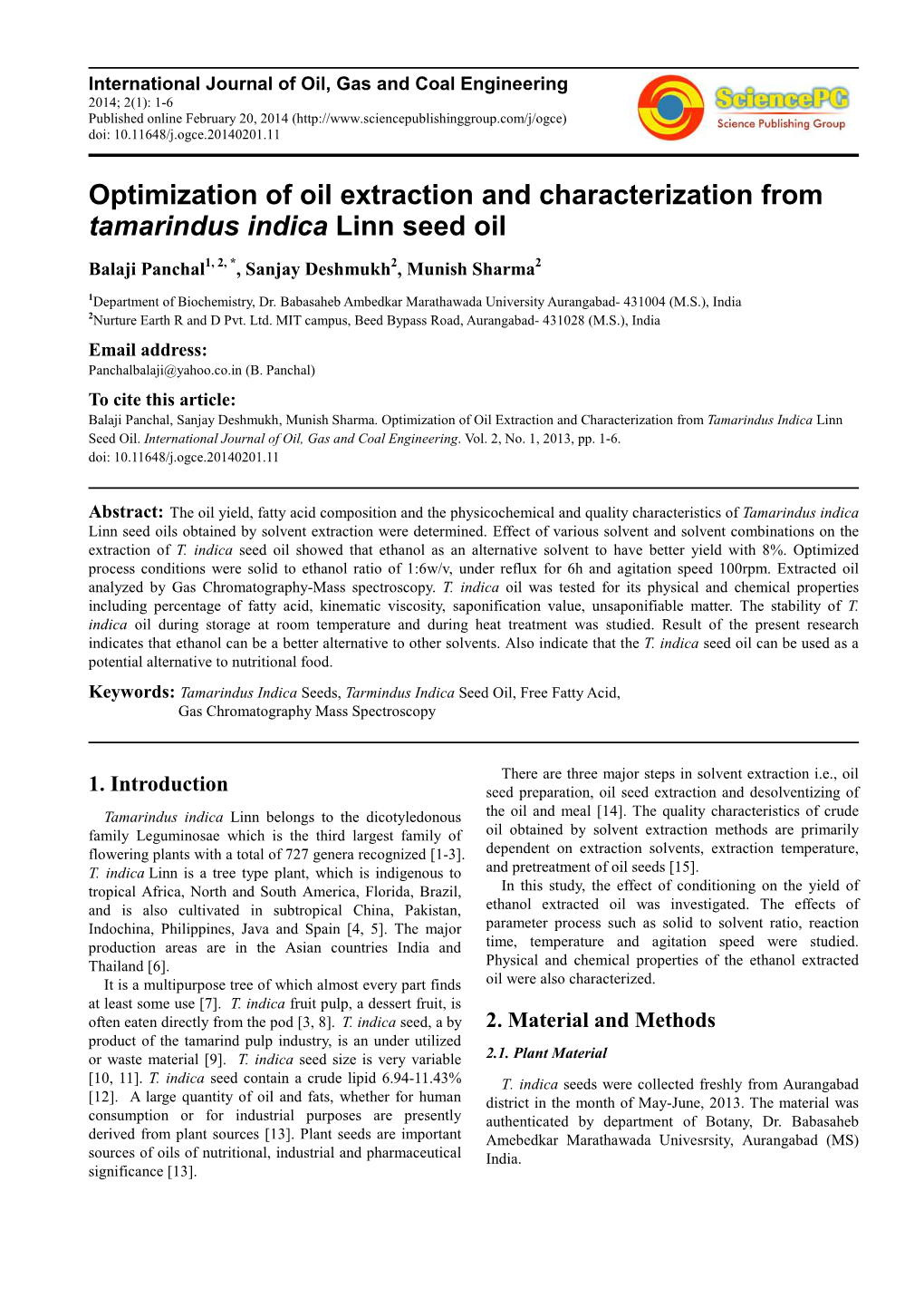Optimization of Oil Extraction and Characterization from Tamarindus Indica Linn Seed Oil