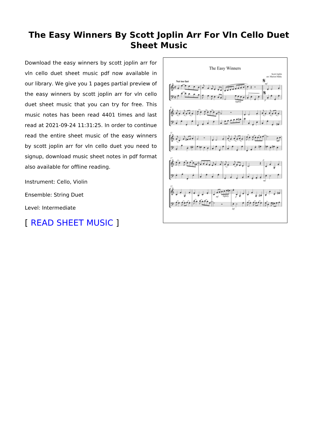 The Easy Winners by Scott Joplin Arr for Vln Cello Duet Sheet Music