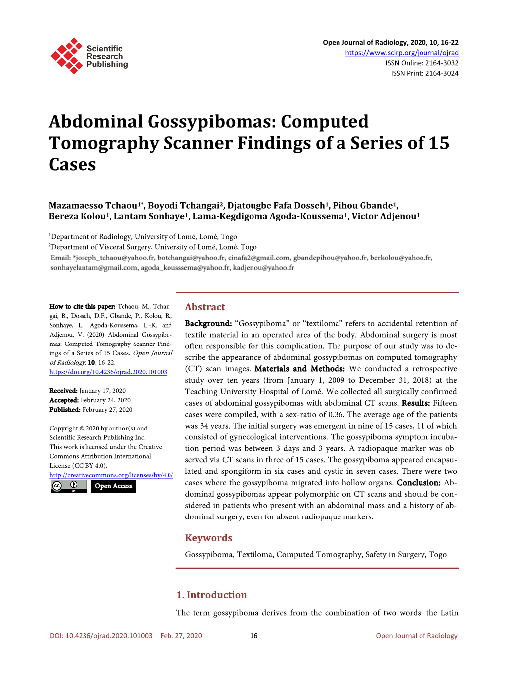 Abdominal Gossypibomas: Computed Tomography Scanner Findings of a Series of 15 Cases