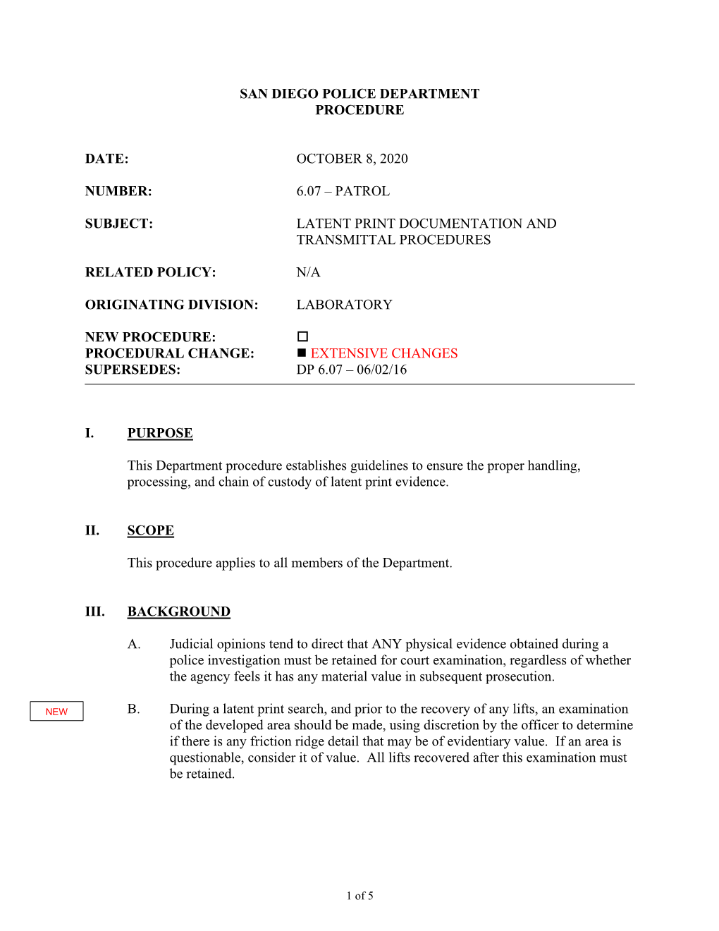 Latent Print Documenation and Transmittal Procedures, DP6.07