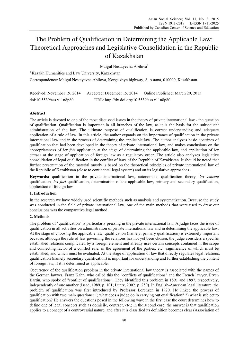 The Problem of Qualification in Determining the Applicable Law: Theoretical Approaches and Legislative Consolidation in the Republic of Kazakhstan