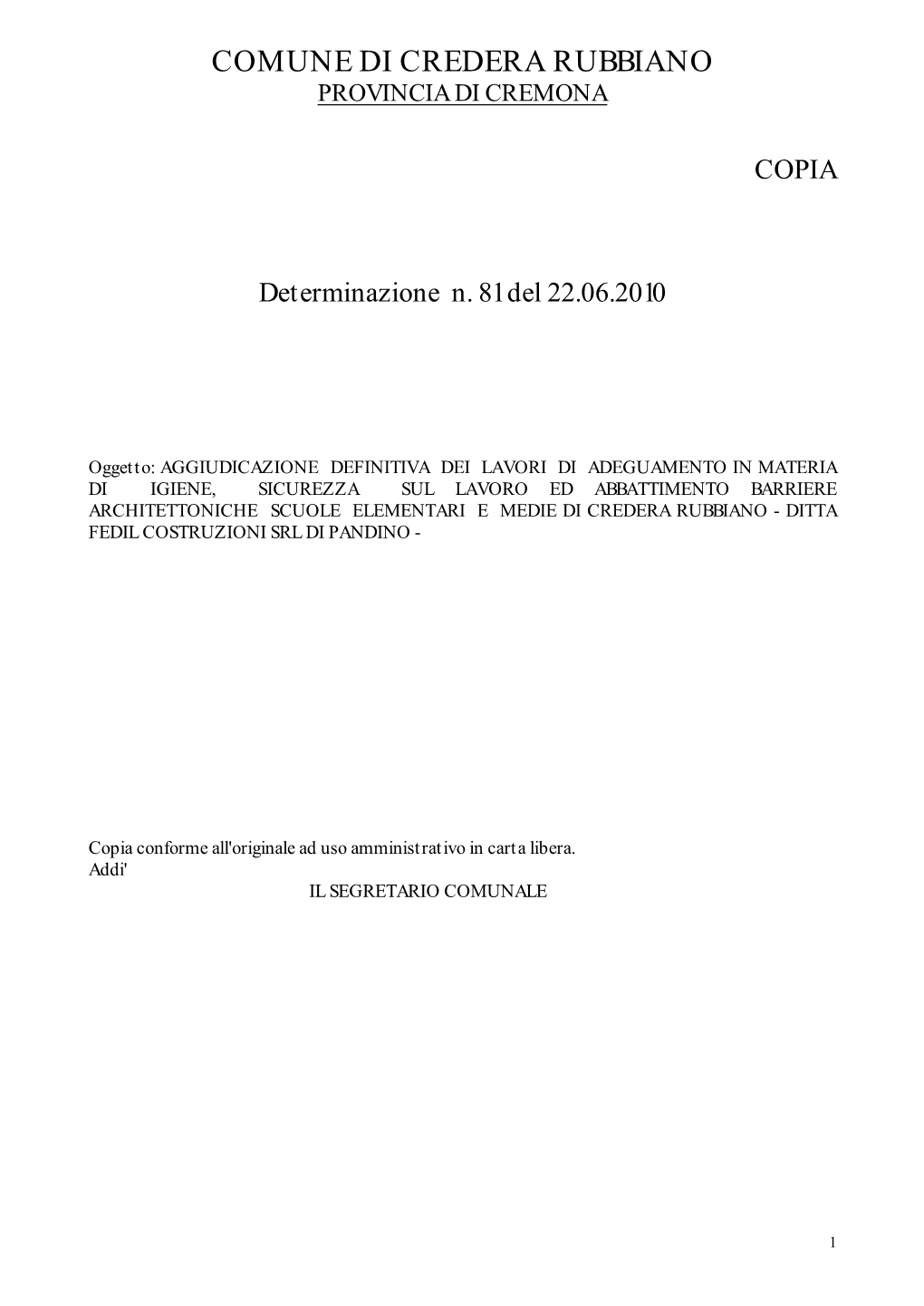 Comune Di Credera Rubbiano Provincia Di Cremona