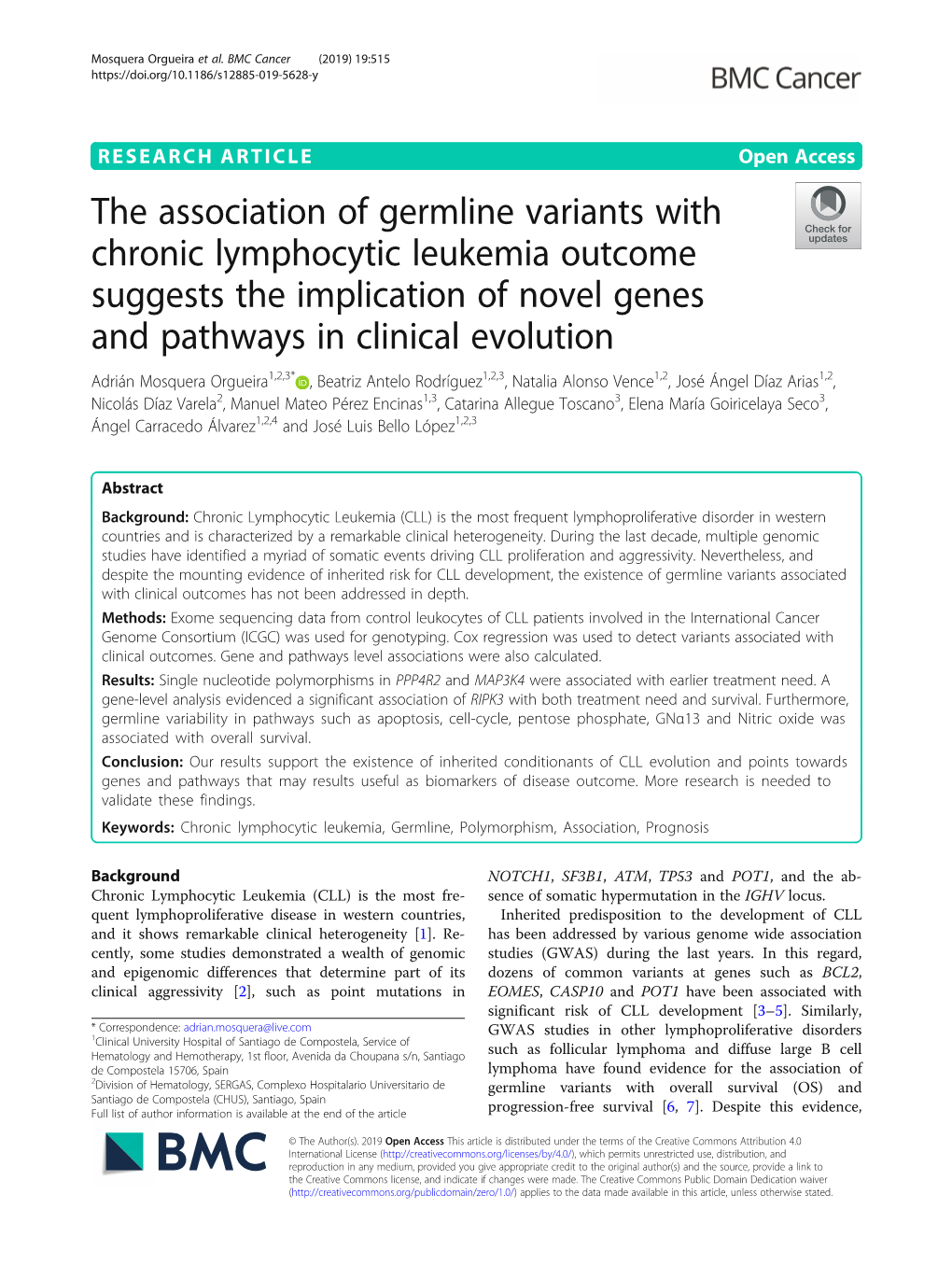 The Association of Germline Variants with Chronic Lymphocytic Leukemia