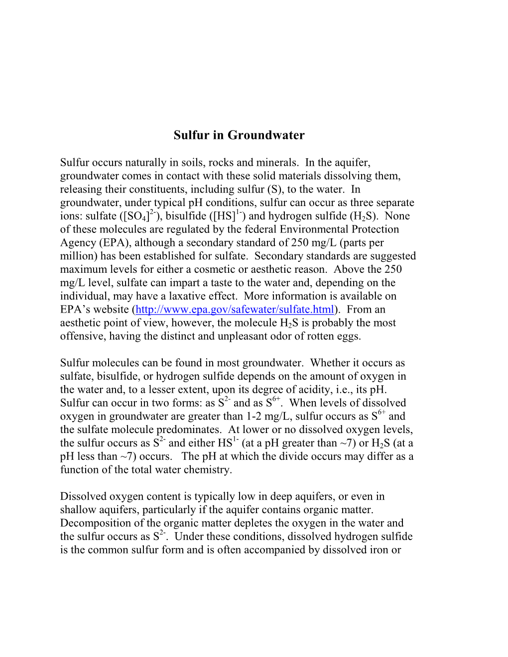 Sulfur in Groundwater