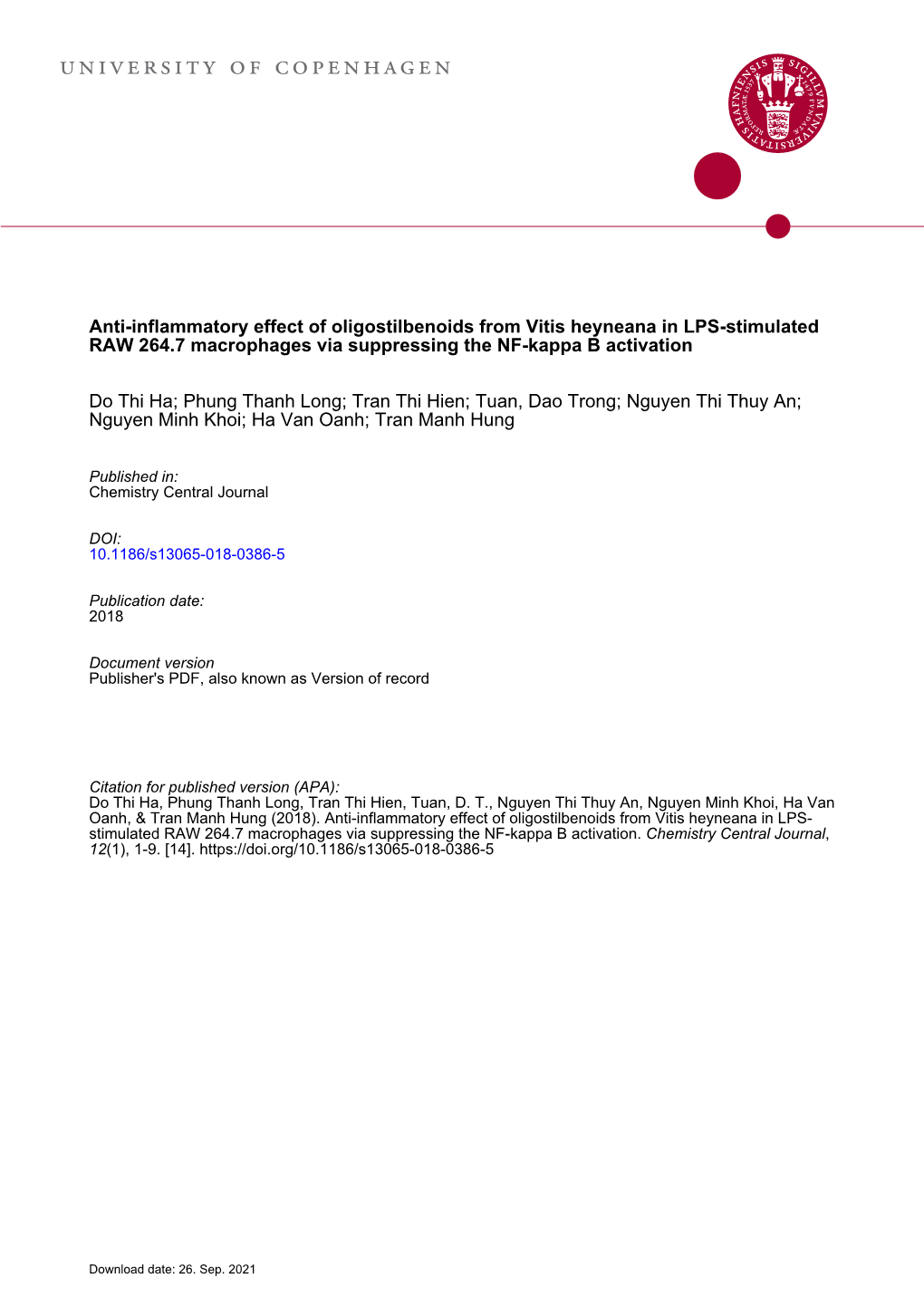 Anti-Inflammatory Effect of Oligostilbenoids from Vitis Heyneana in LPS-Stimulated RAW 264.7 Macrophages Via Suppressing the NF-Kappa B Activation