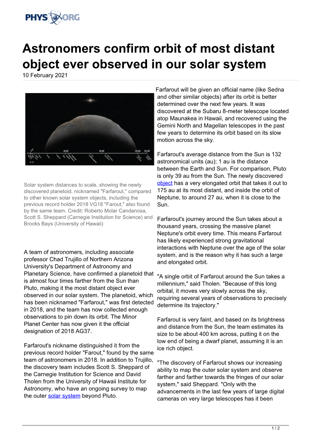 Astronomers Confirm Orbit of Most Distant Object Ever Observed in Our Solar System 10 February 2021