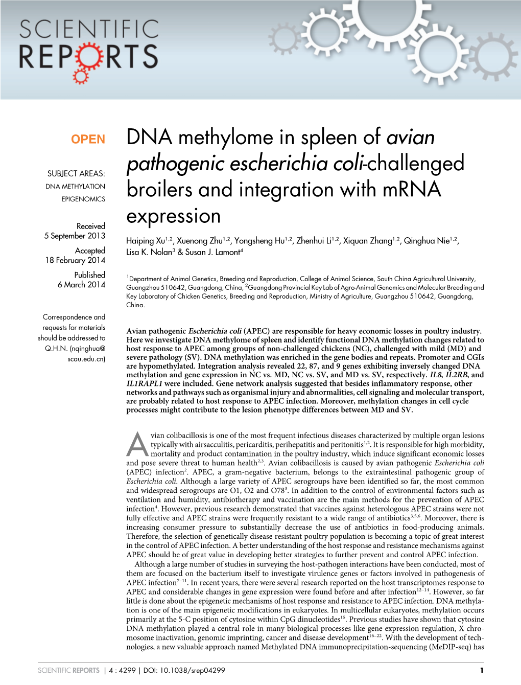 DNA Methylome in Spleen of Avian Pathogenic Escherichia Coli-Challenged Broilers and Integration with Mrna Expression