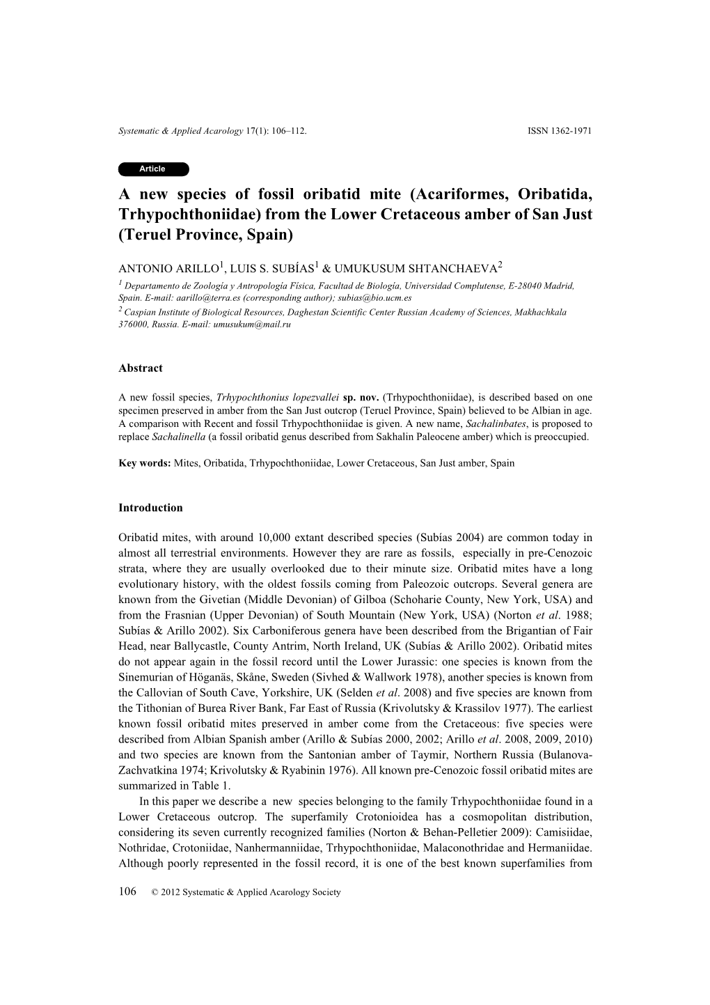 A New Species of Fossil Oribatid Mite (Acariformes, Oribatida, Trhypochthoniidae) from the Lower Cretaceous Amber of San Just (Teruel Province, Spain)