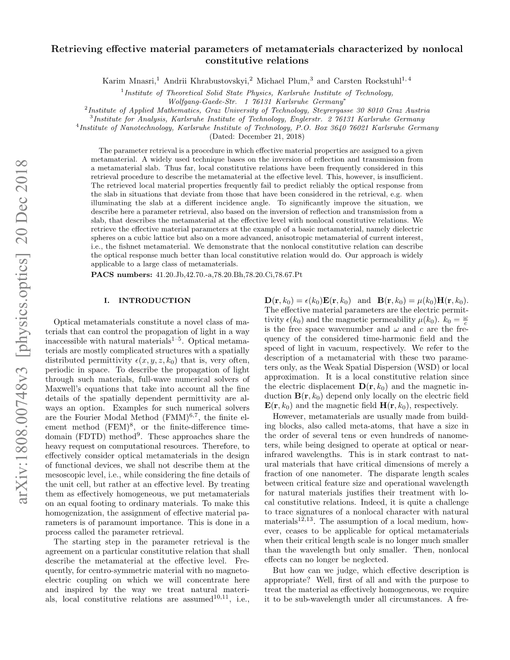 Arxiv:1808.00748V3 [Physics.Optics] 20 Dec 2018 on an Equal Footing to Ordinary Materials